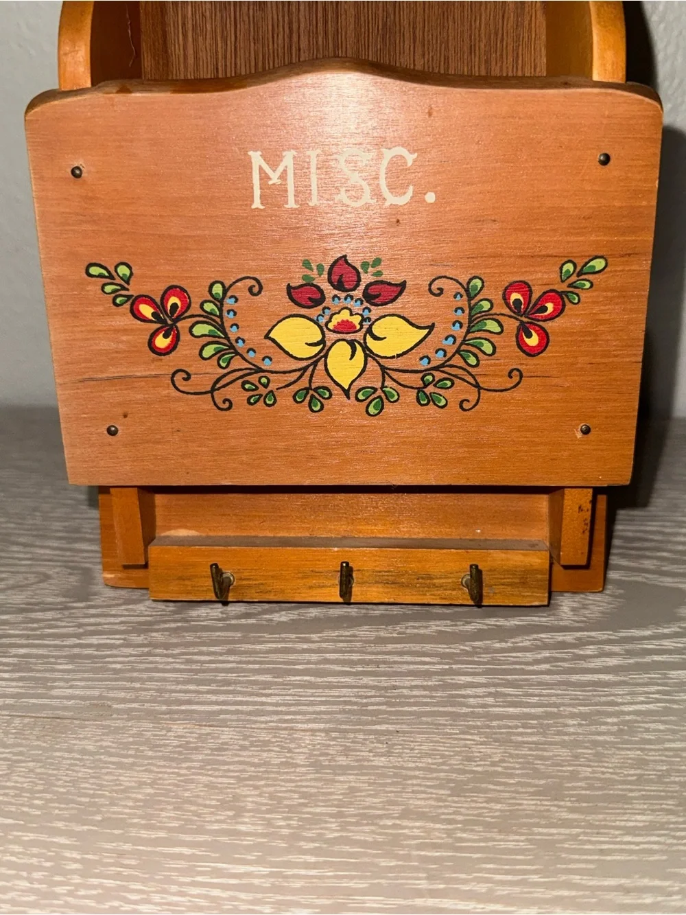 vintage three-tier wooden wall mail organizer hand-painted floral, labeled
